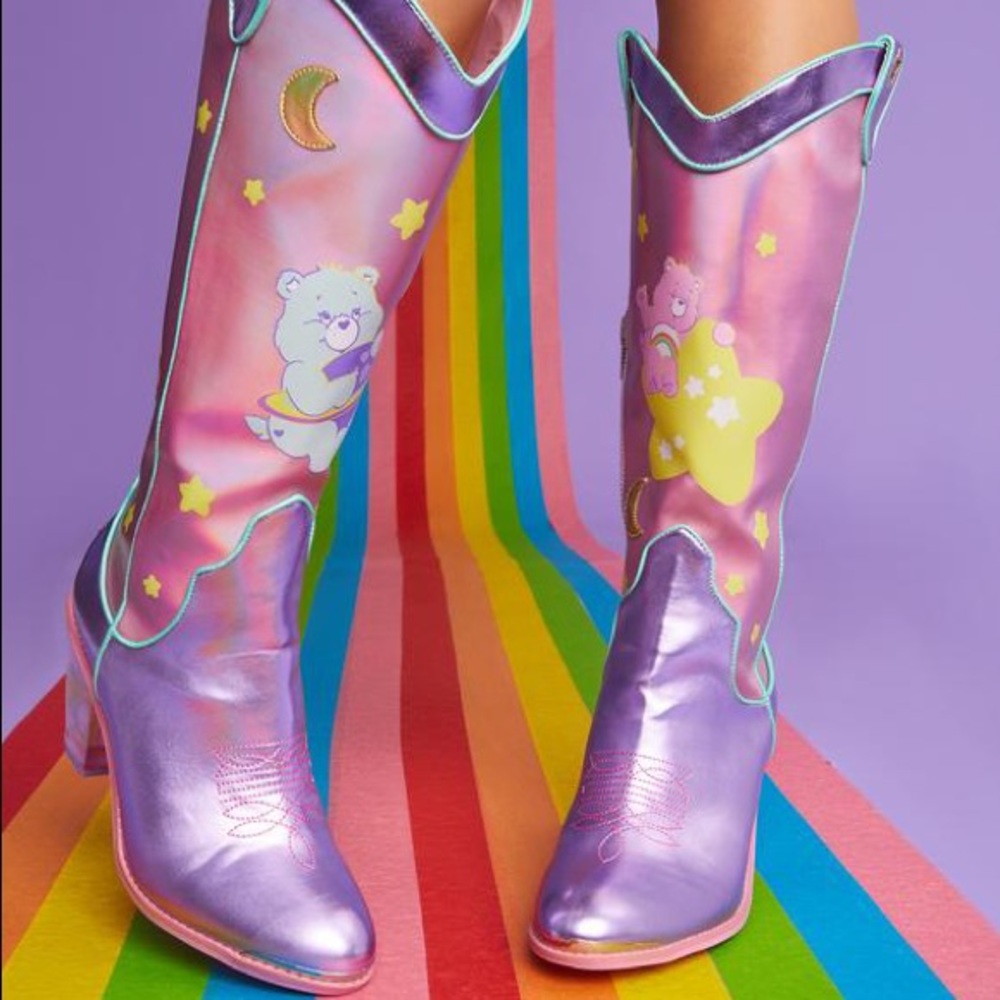 Dolls Kills X Care Bears holographic cowboy boots
